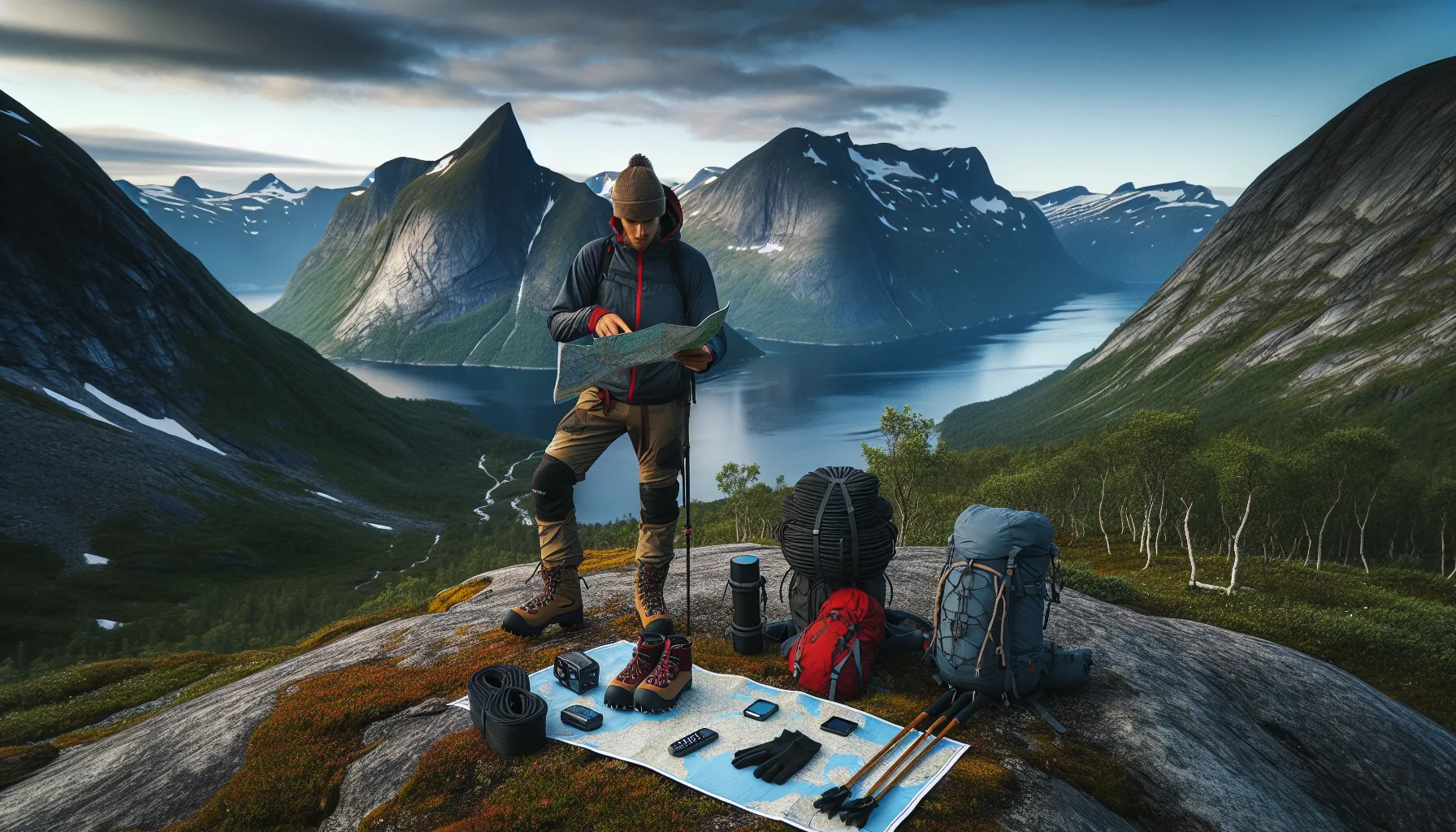 Hiker planning a slogen and saksa ascent with safety gear in sunnmørsalpene.