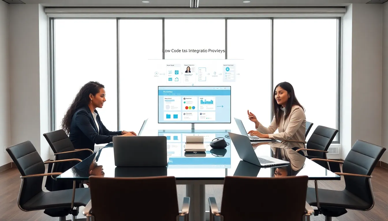 diverse team collaborating on low code data integration in a modern office.