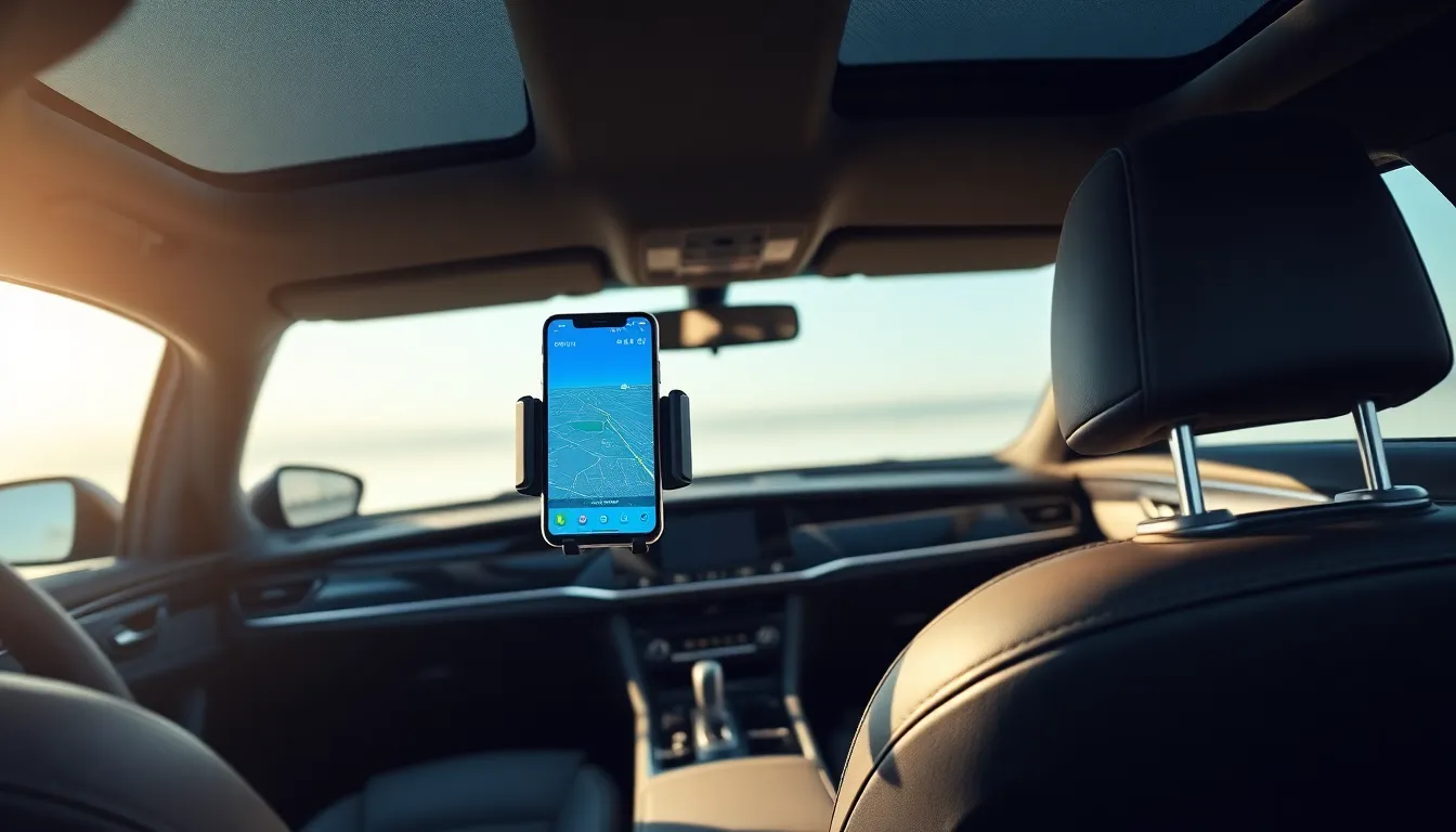 modern car interior with a mobile phone holder on the dashboard.