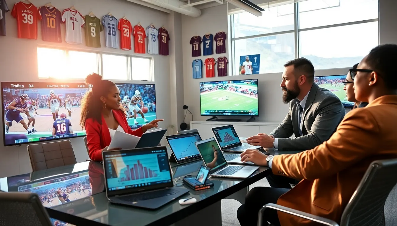 sports analysts collaborating in a modern office filled with screens.