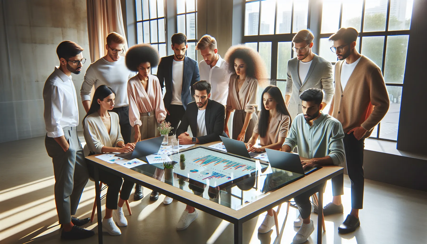 team analyzing data trends in a modern office setting.