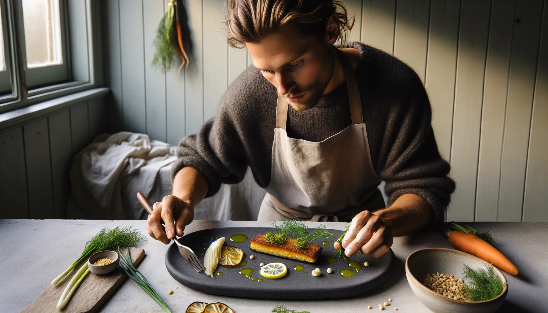 Young norwegian chef plates a modern fish cake with seaweed and citrus.