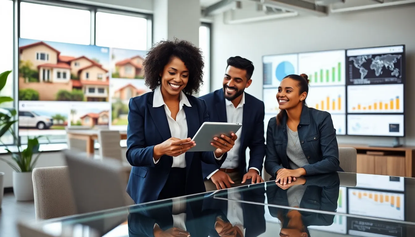 A realtor presenting to a couple in a modern office.