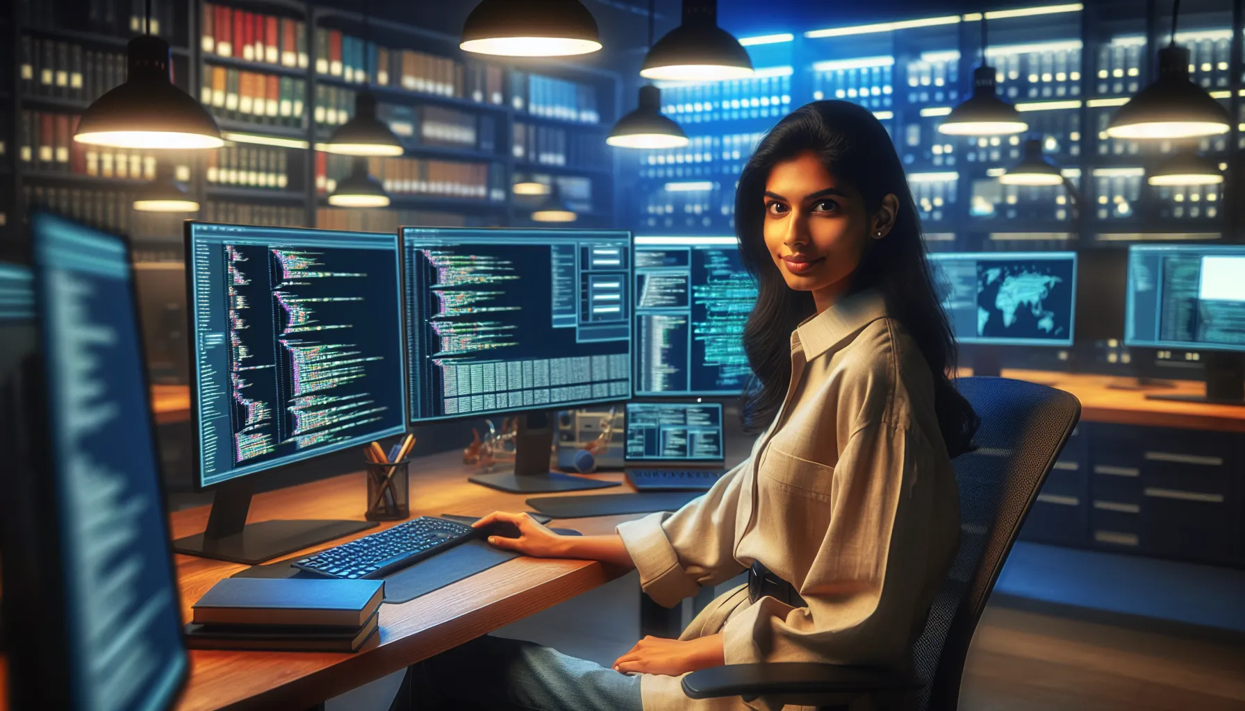 A tech professional working on backend development at a modern desk setup.