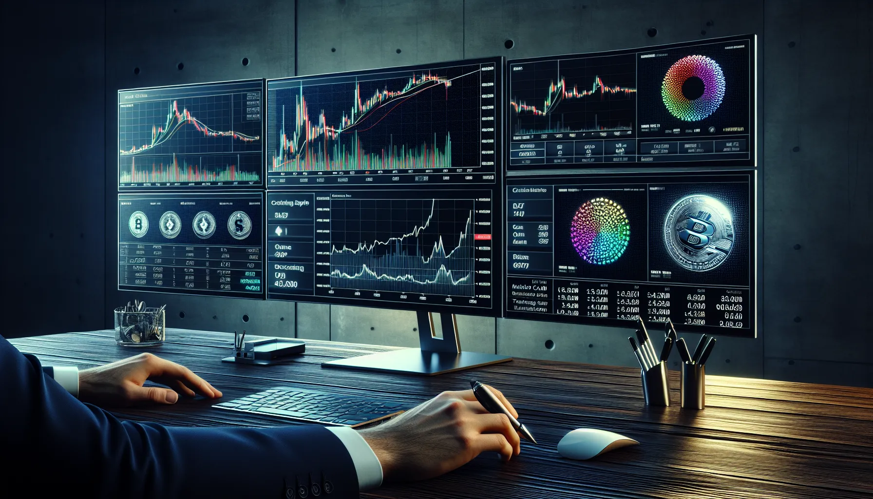 Trader analyzing Floki Inu cryptocurrency market data on multiple computer monitors.