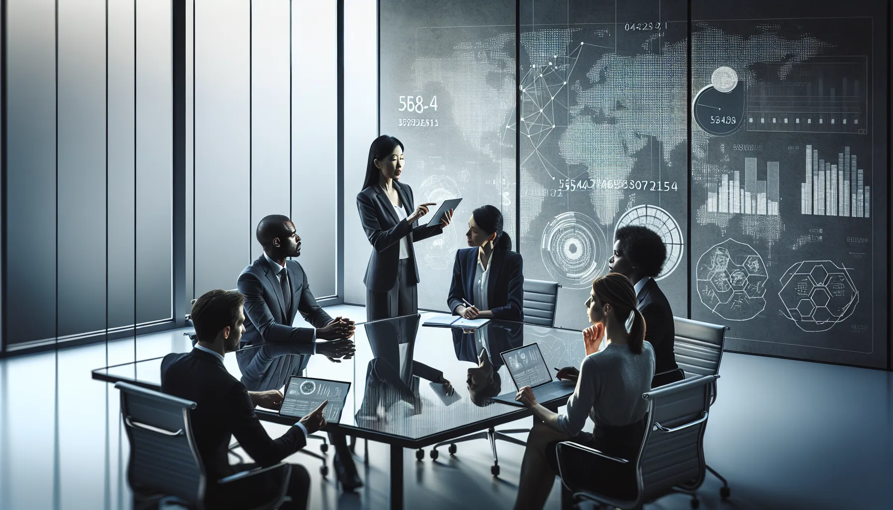 diverse team discussing telecommunications data in a modern office.