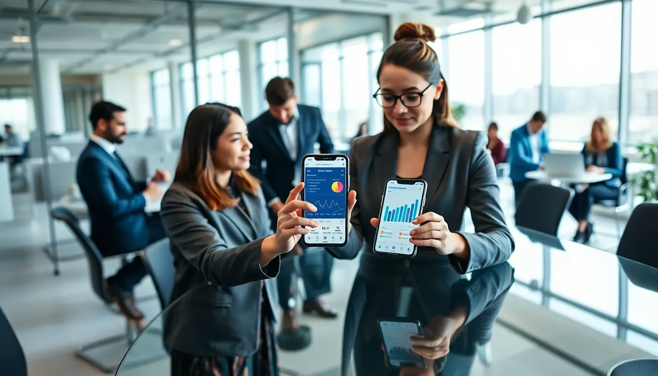 business professionals discussing CRM mobile apps in a modern office.