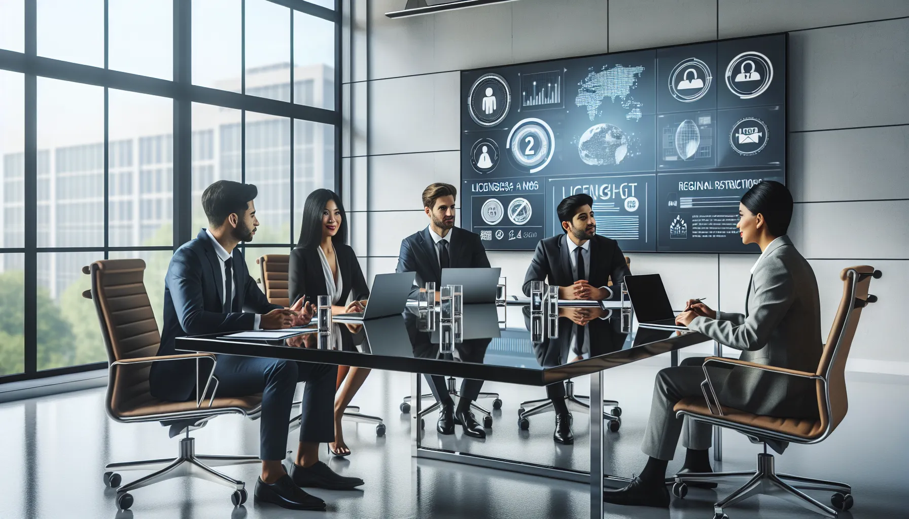 diverse legal team discussing media law in a modern office.