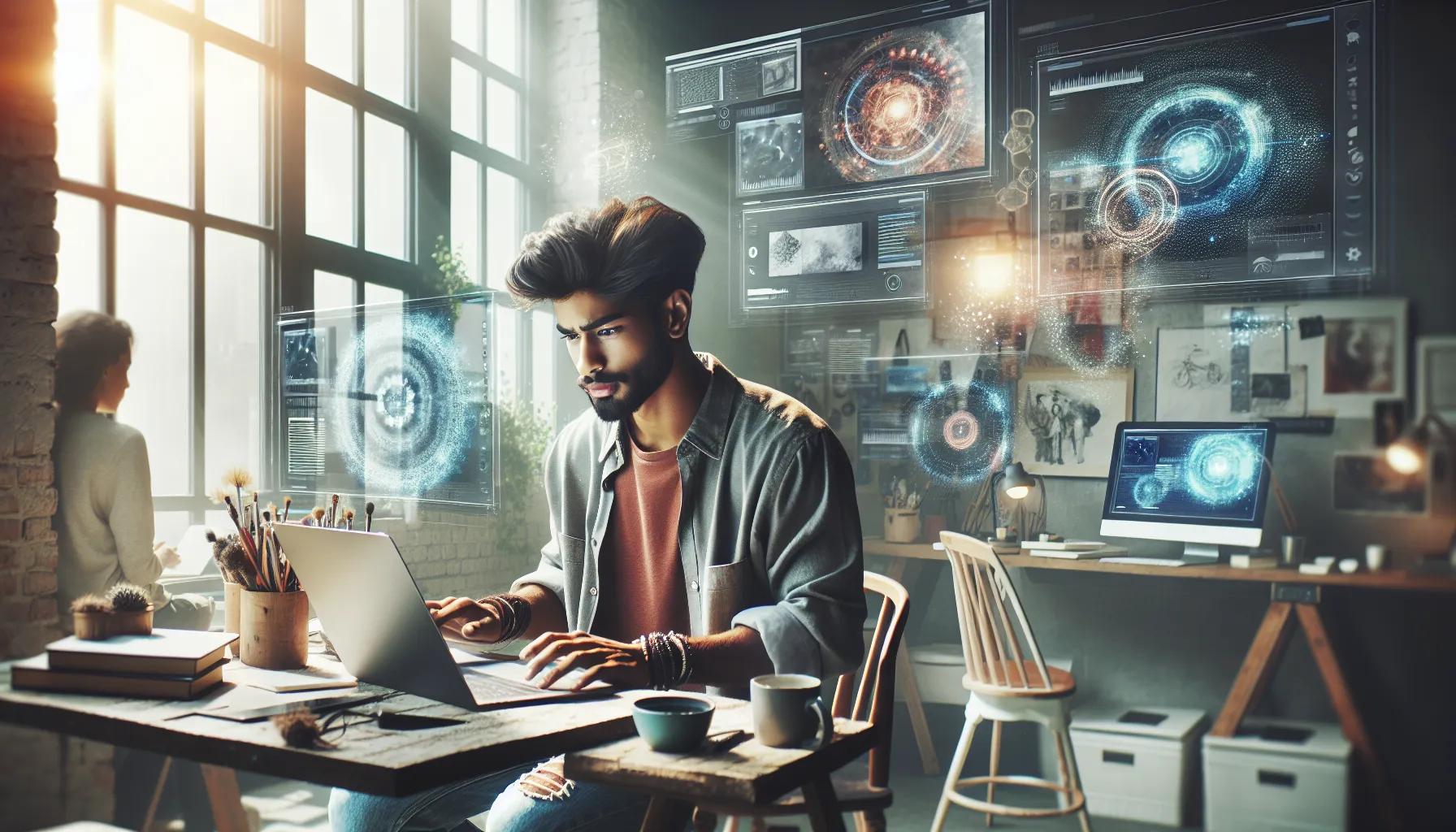 individual in a cozy workspace showcasing creativity and digital art.