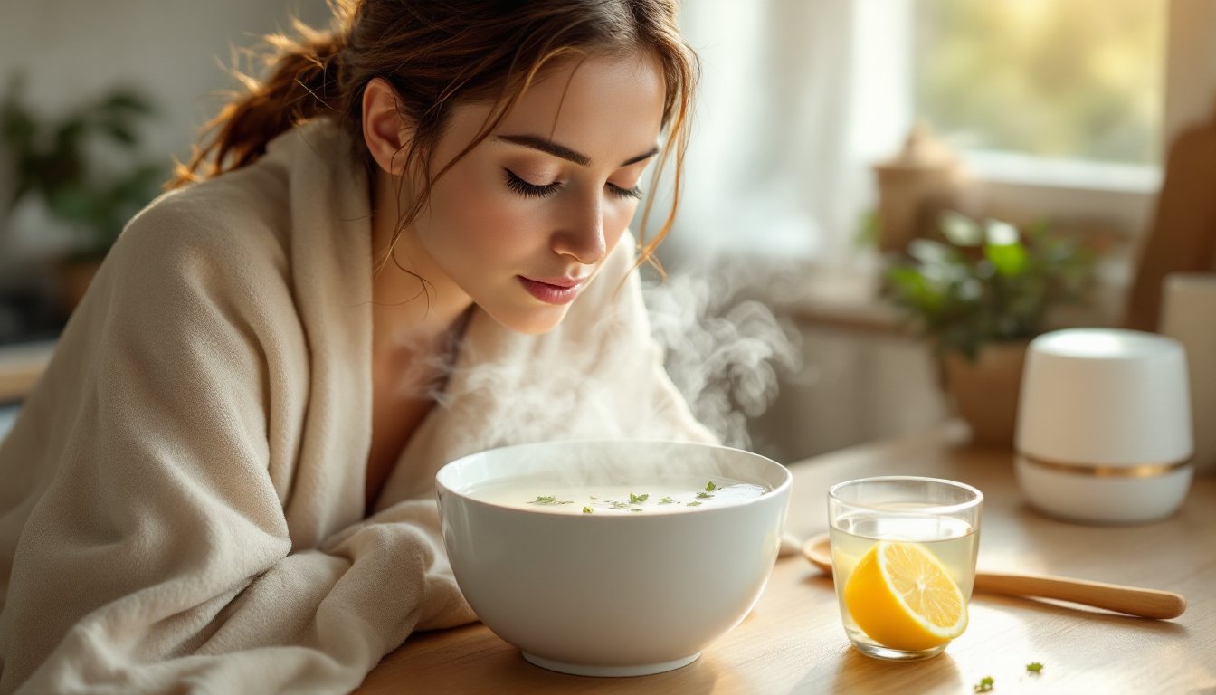 A woman inhaling steam from a herbal bowl with lemon water nearby in a sunlit kitchen.