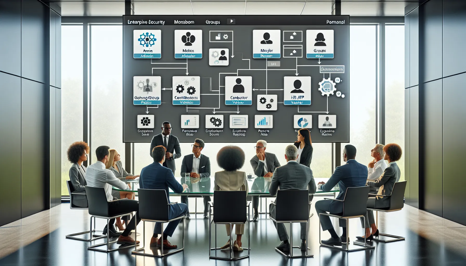 Diverse analytics team mapping enterprise security groups to Power BI access roles.