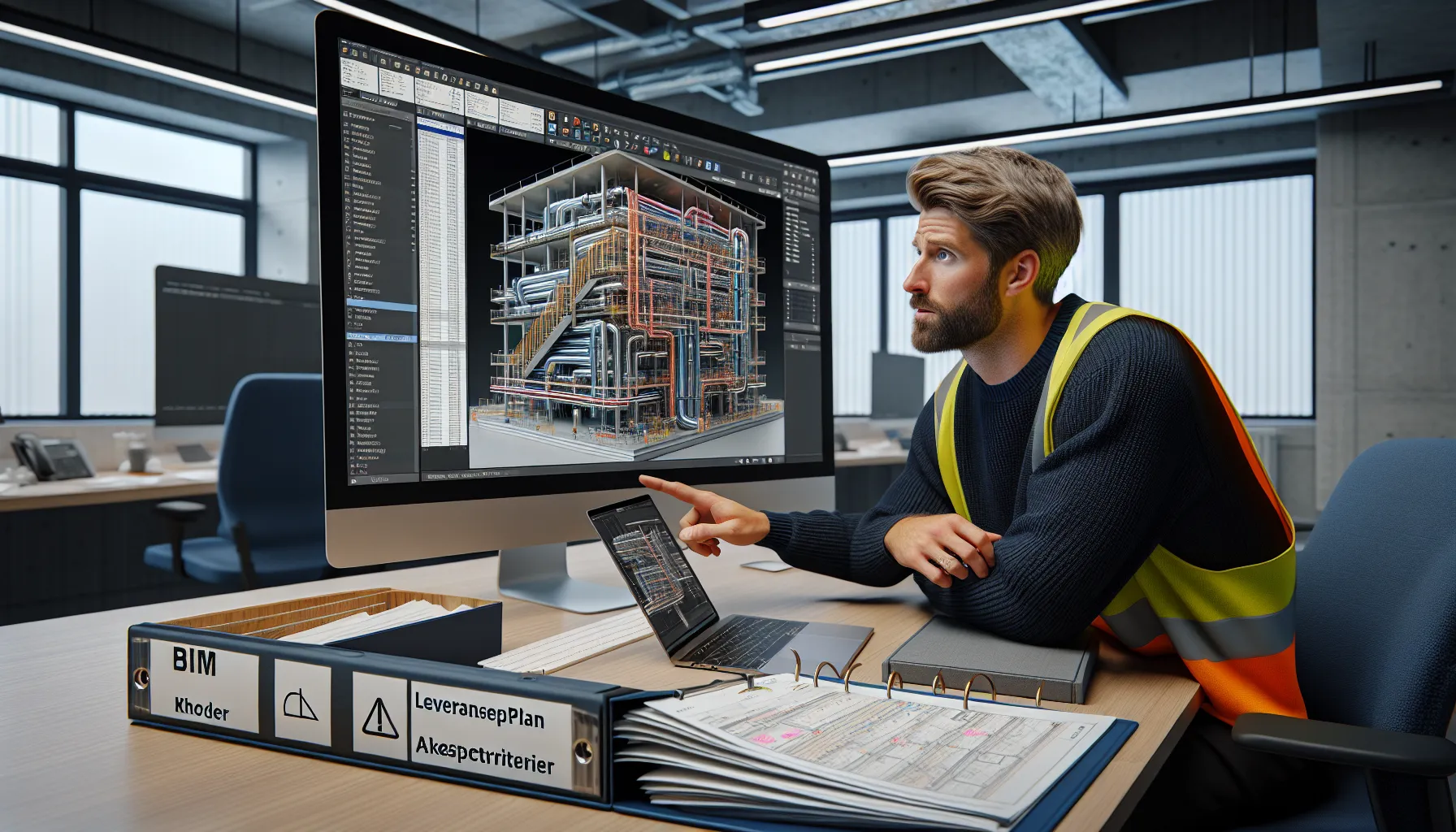 Slik bruker du bim for å redusere byggefeil 3 Bim manager reviewing clash checks and bep documents in a norwegian site office.