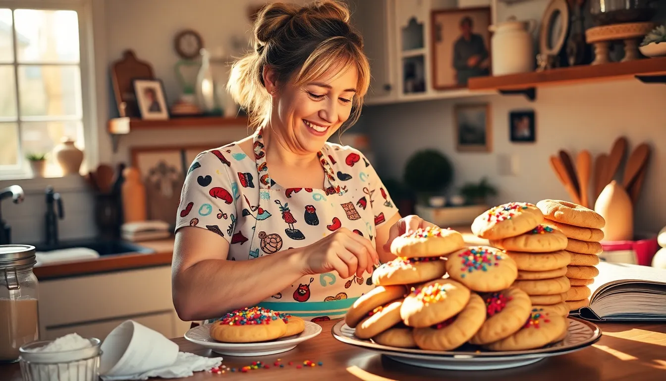 Mary joyfully decorating cookies in a cozy kitchen filled with baking memories.