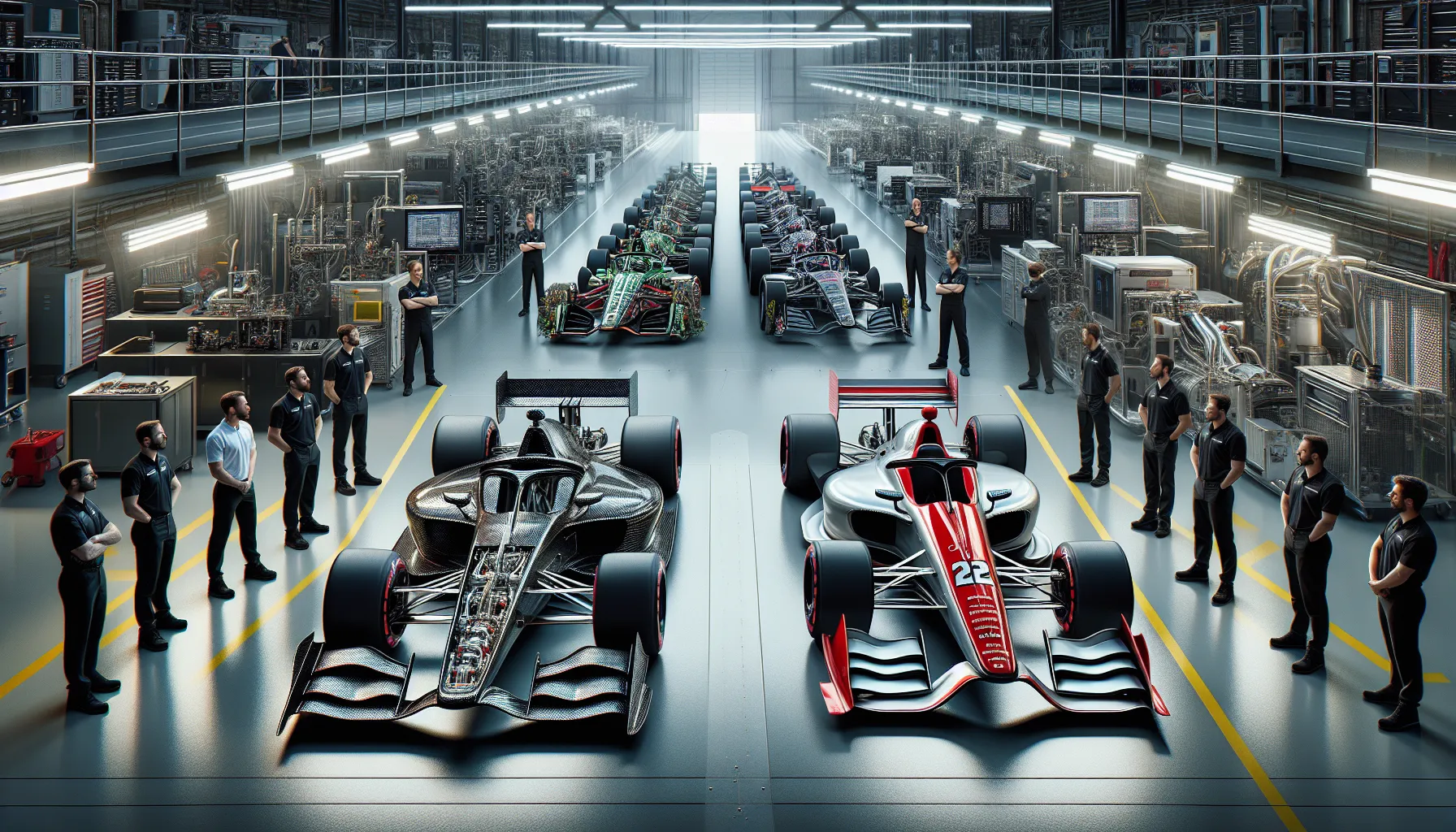 A comparison of modern F1 and IndyCar vehicles in a testing facility.