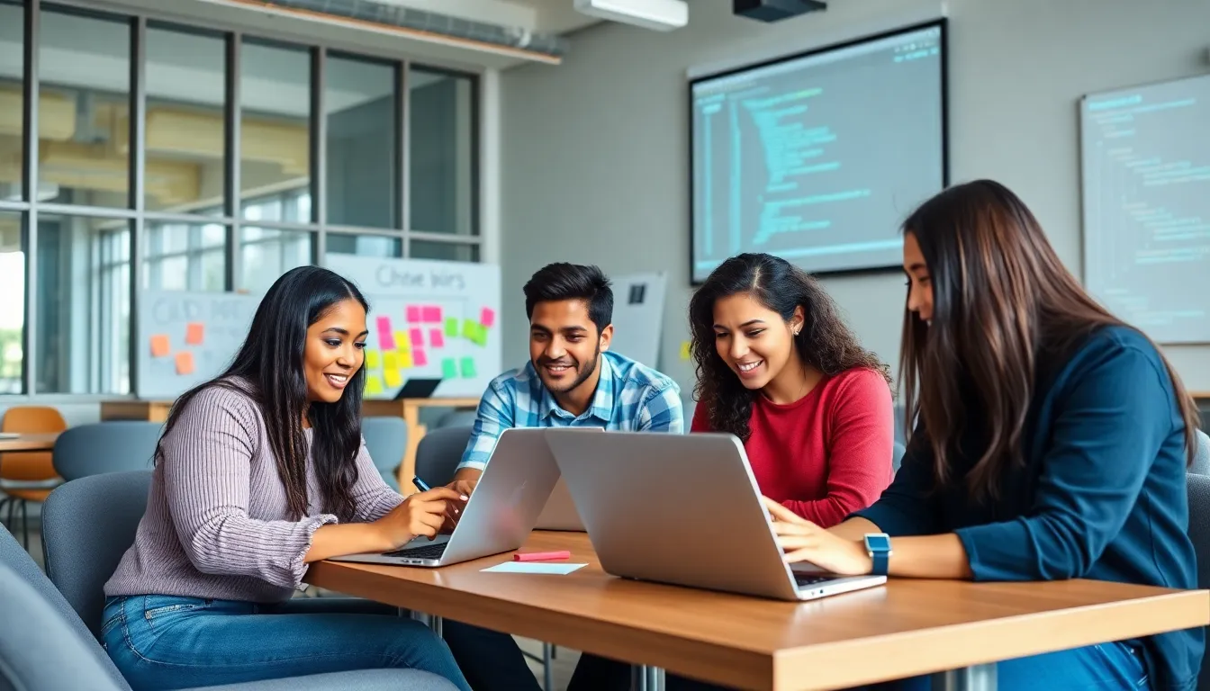 students collaborating in a modern classroom focused on software engineering.