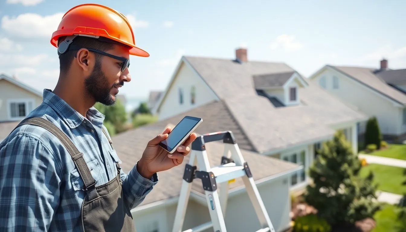 Contractor inspecting a well-maintained residential roof.