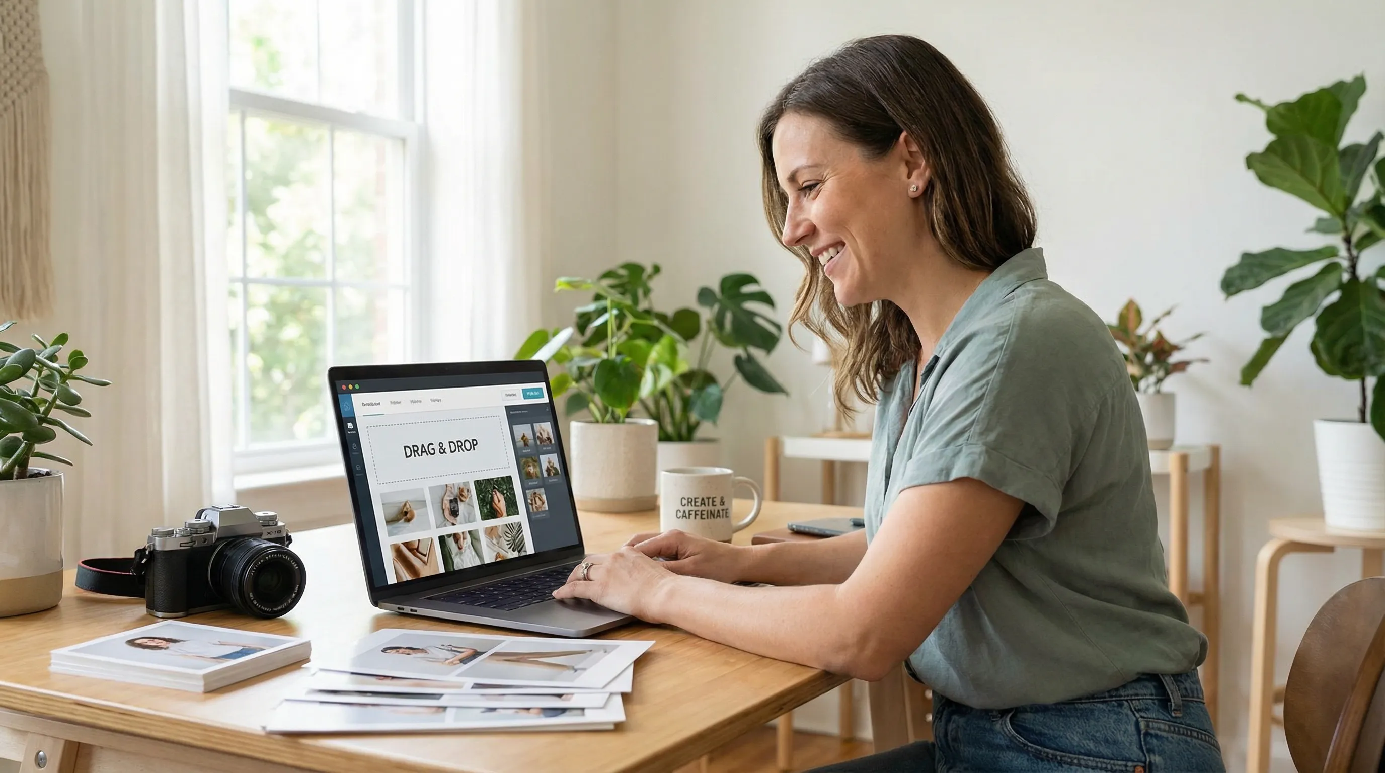 Business owner editing a website with simple content blocks on a laptop in a bright, organized workspace.