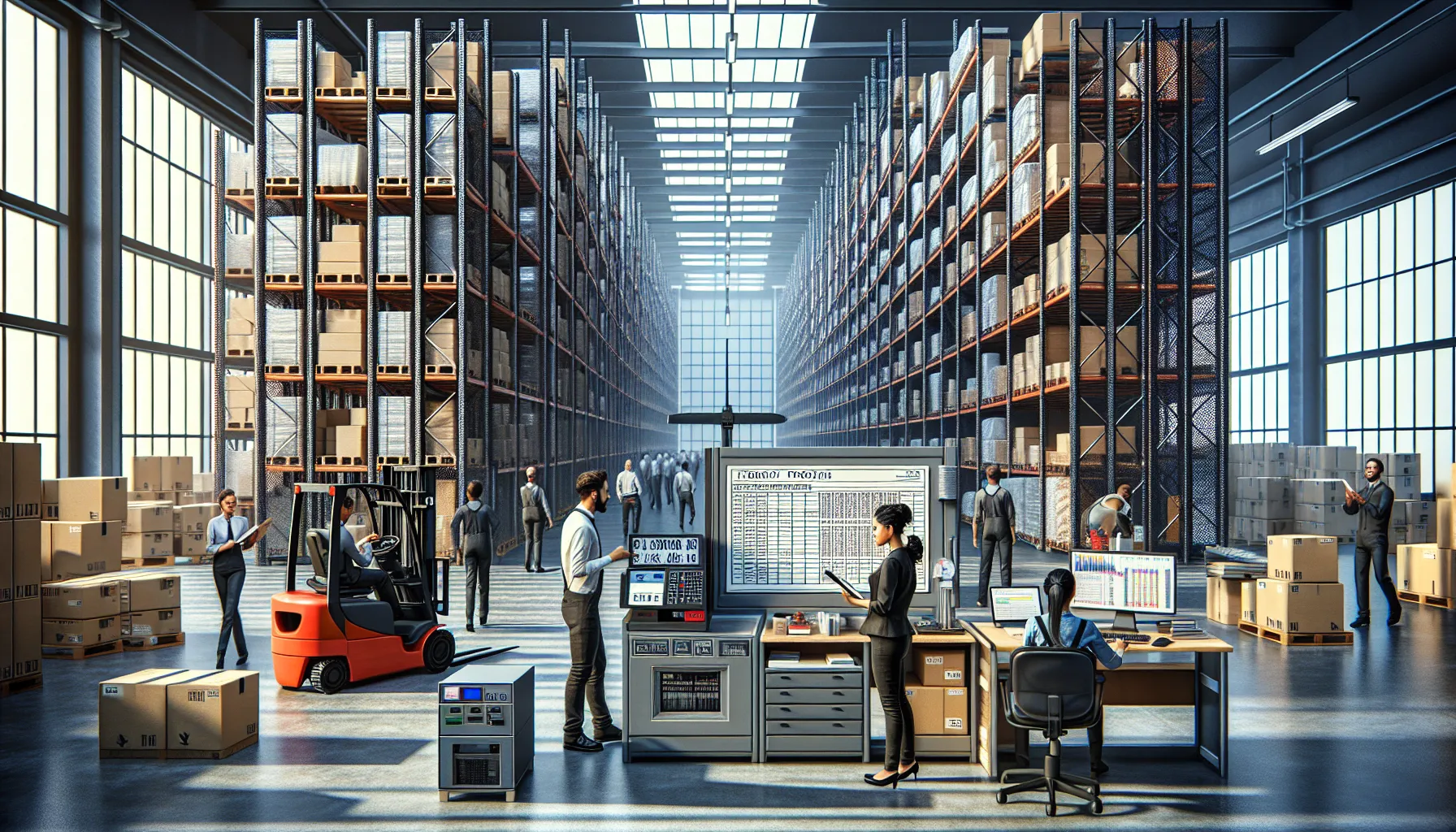 Workers in a warehouse using equipment and following scheduled tasks.