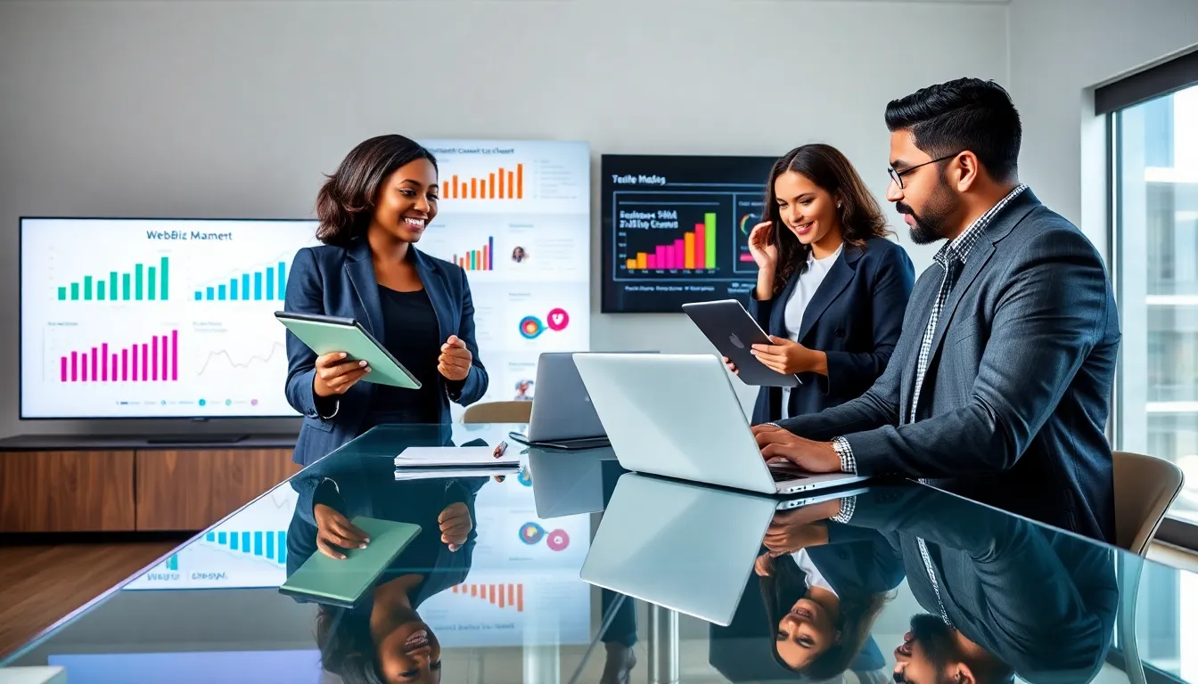 diverse team engaging with digital tools in a modern office.