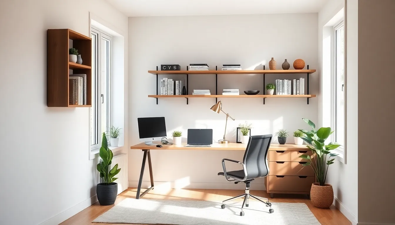 well-organized home office with a corner desk by a window.