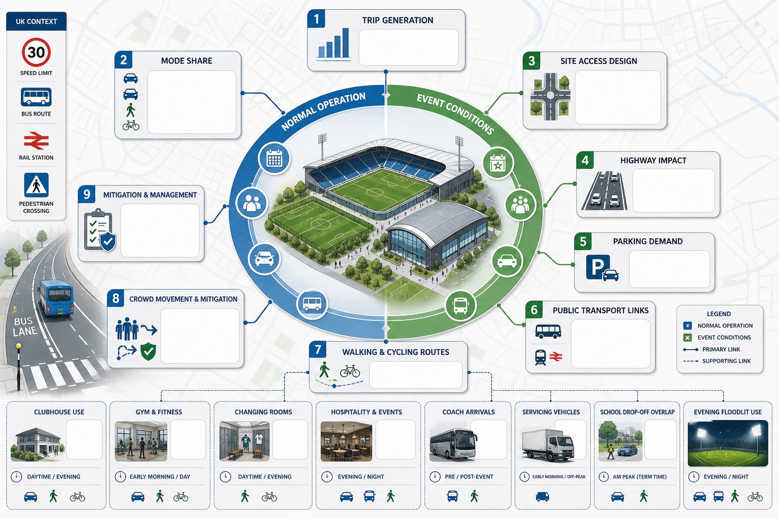 Infographic of a sports venue transport assessment covering access, travel, parking and events.