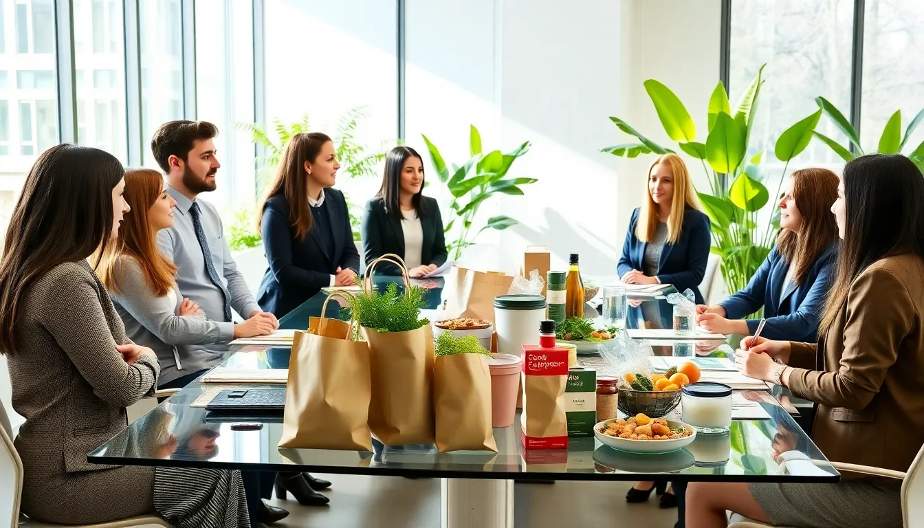 diverse team discussing sustainability in a modern office.