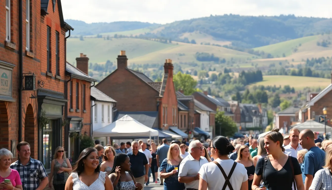Community festival in Mourrdale with historic buildings and diverse attendees.