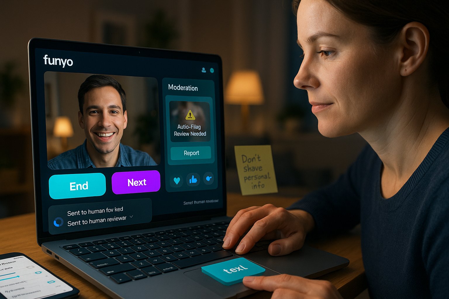 Person at laptop using Funyo with visible moderation and report tools.