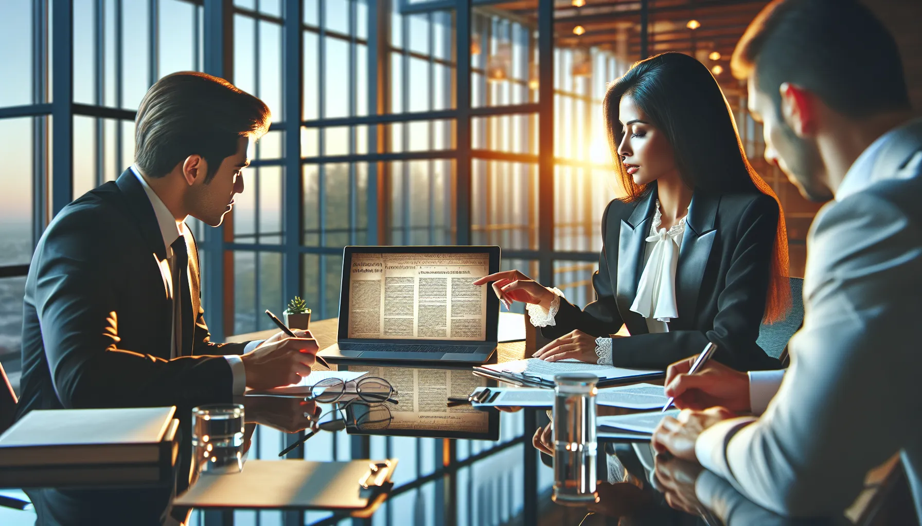 diverse professionals discussing digital copyright laws in an office.