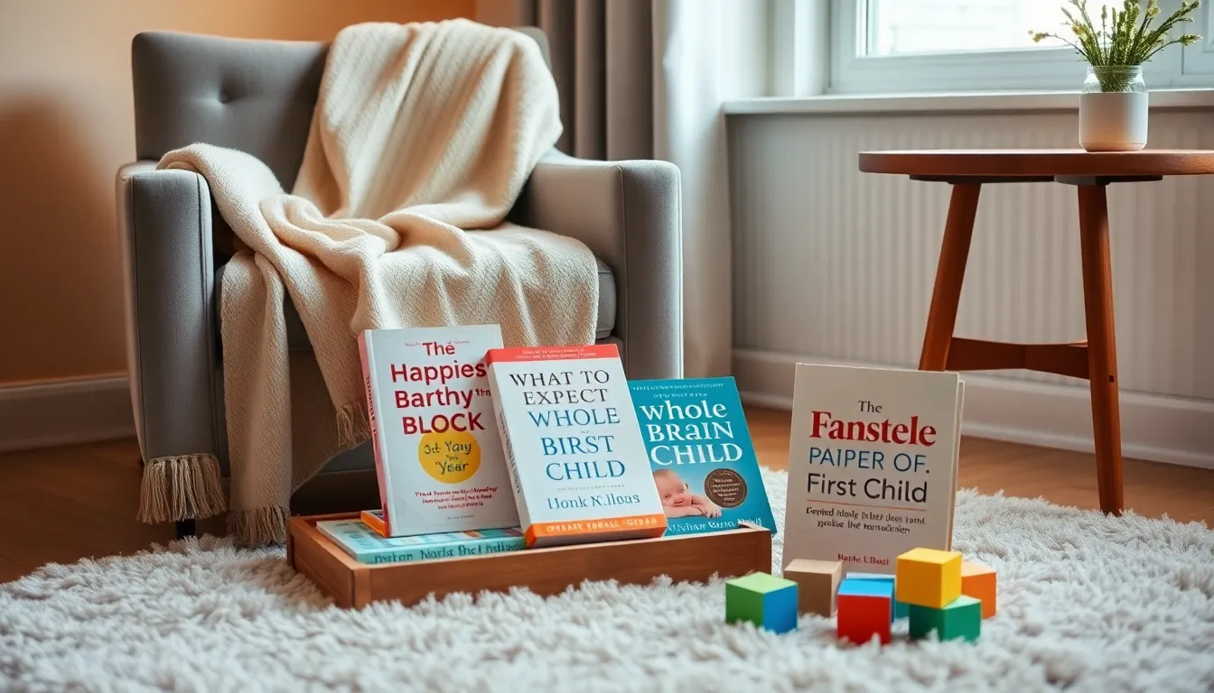 cozy reading corner with essential books for new parents.