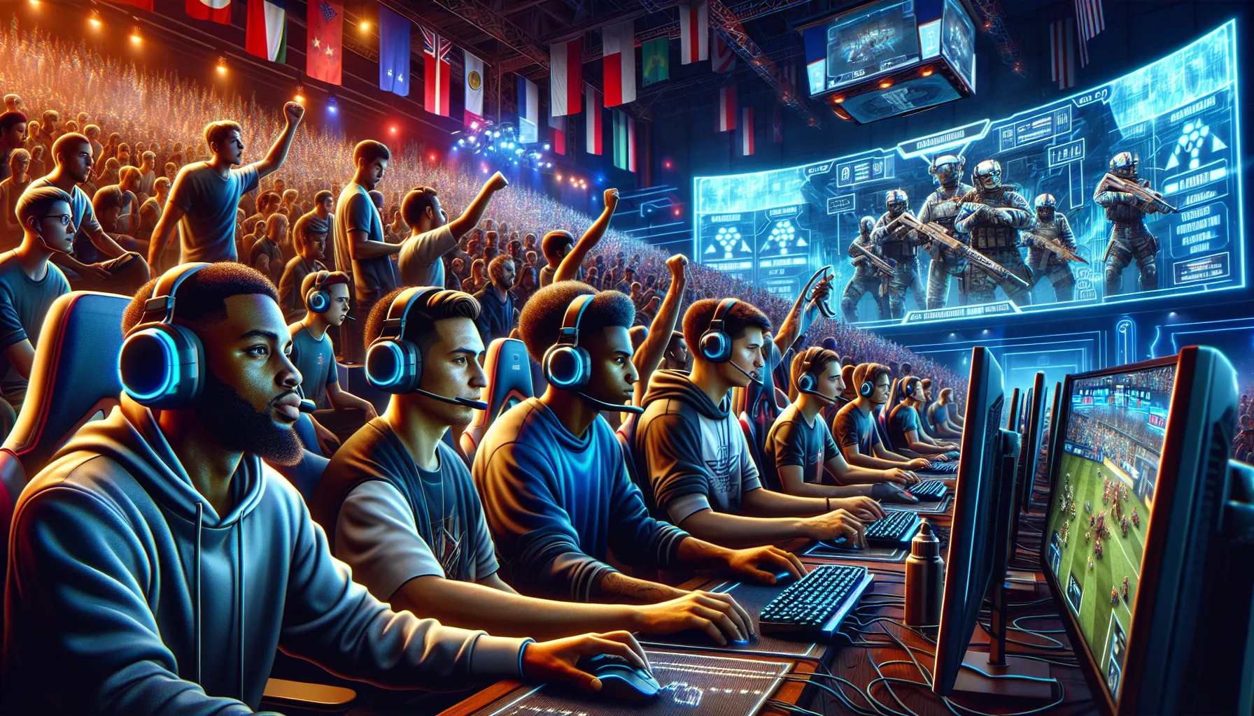 diverse gamers in an esports arena during a competition.