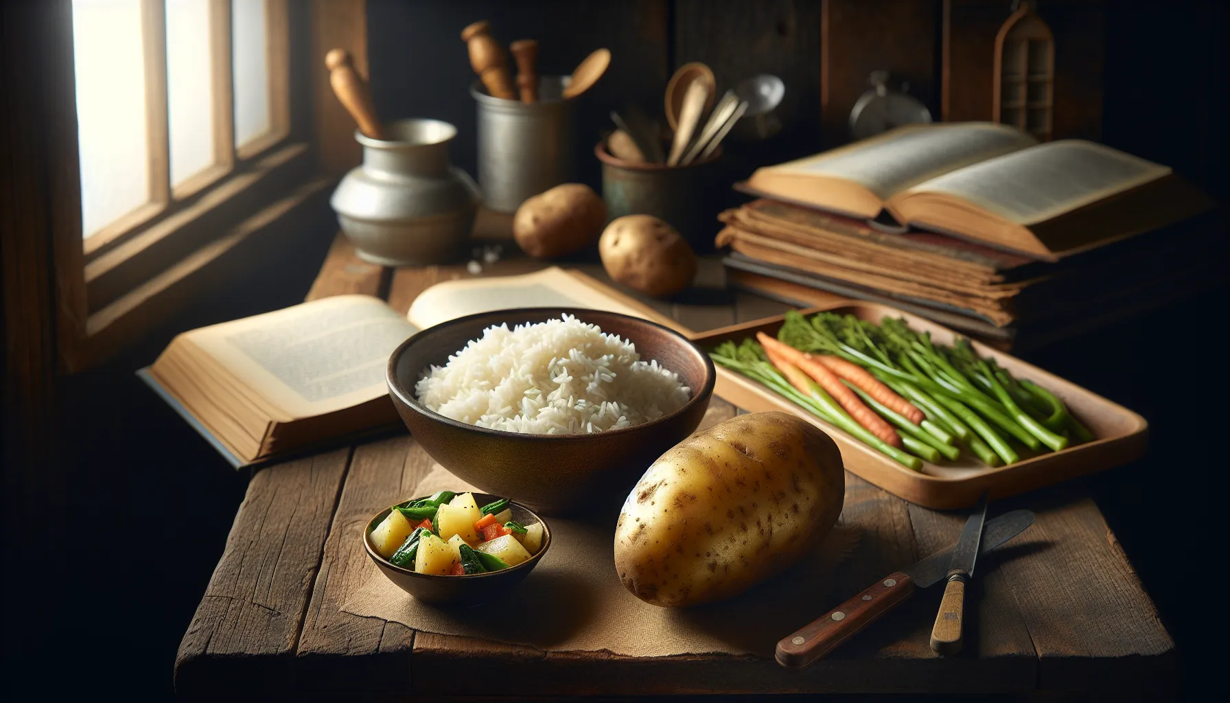A bowl of rice and a baked potato on a wooden kitchen counter.