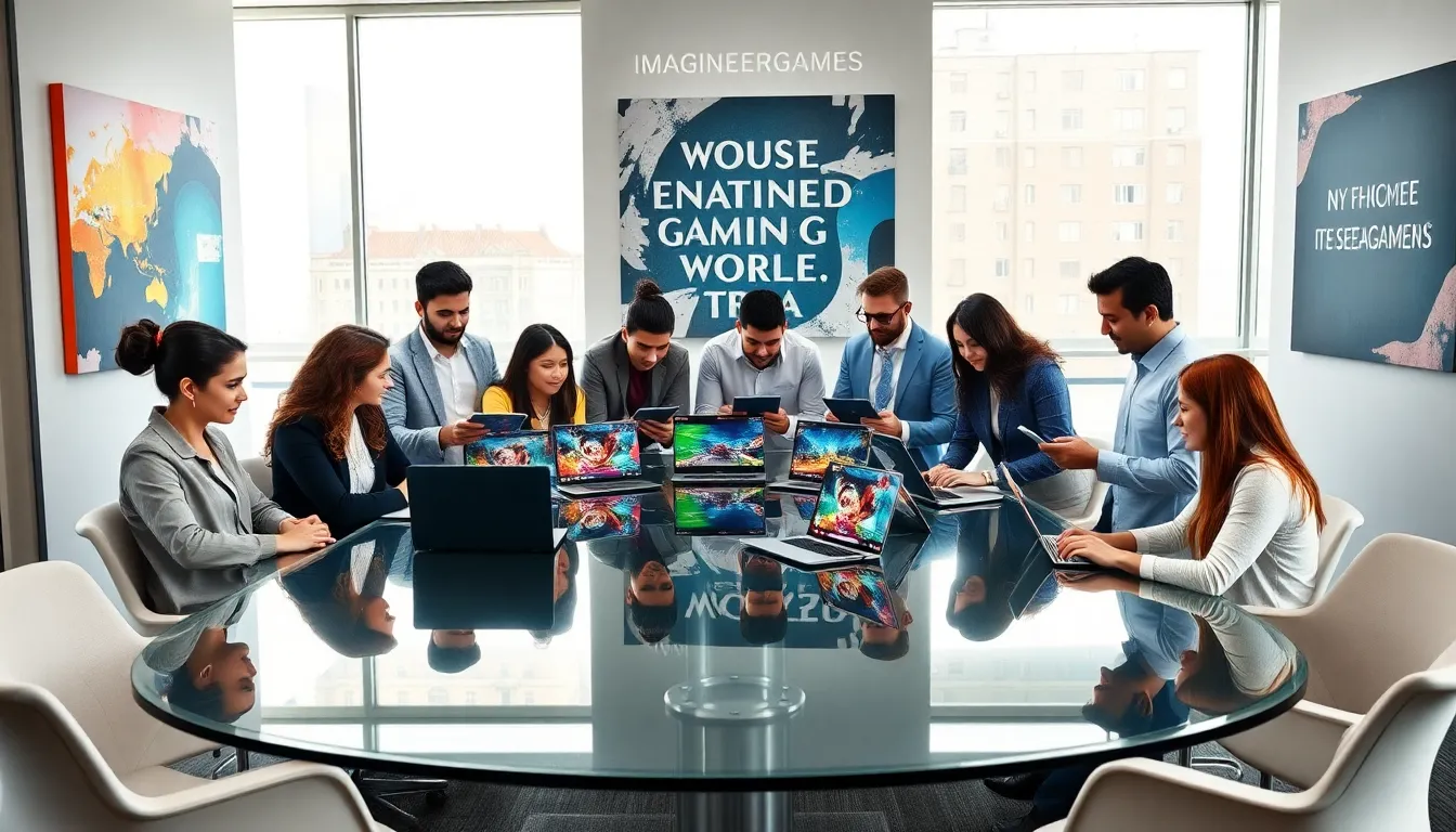 diverse team collaborating in a modern office for ImagineerGames.