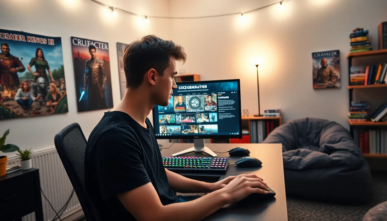 a young man using CK2Generator for gaming on a desktop computer.