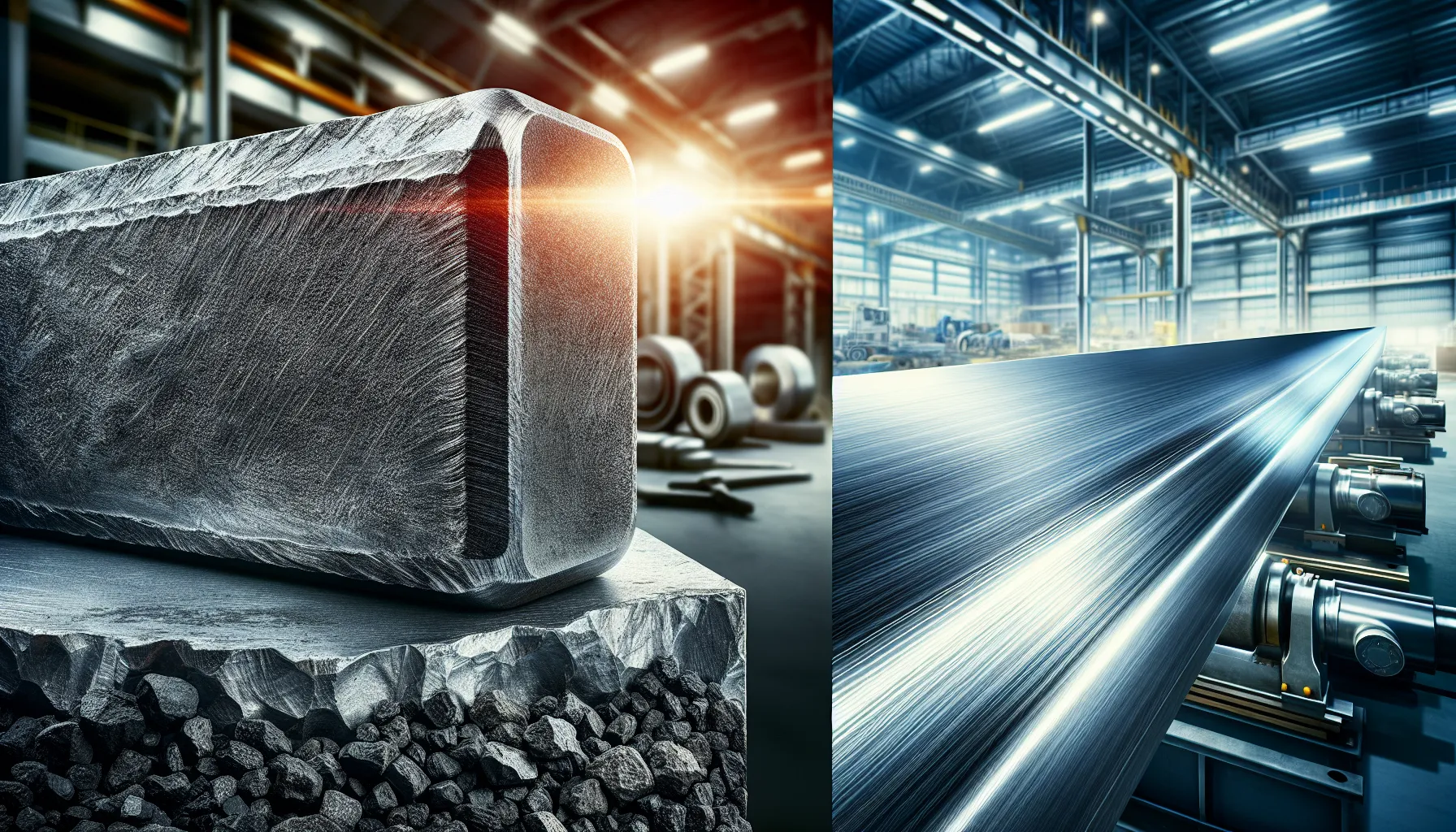 A comparison of iron and steel materials side by side in an industrial context.