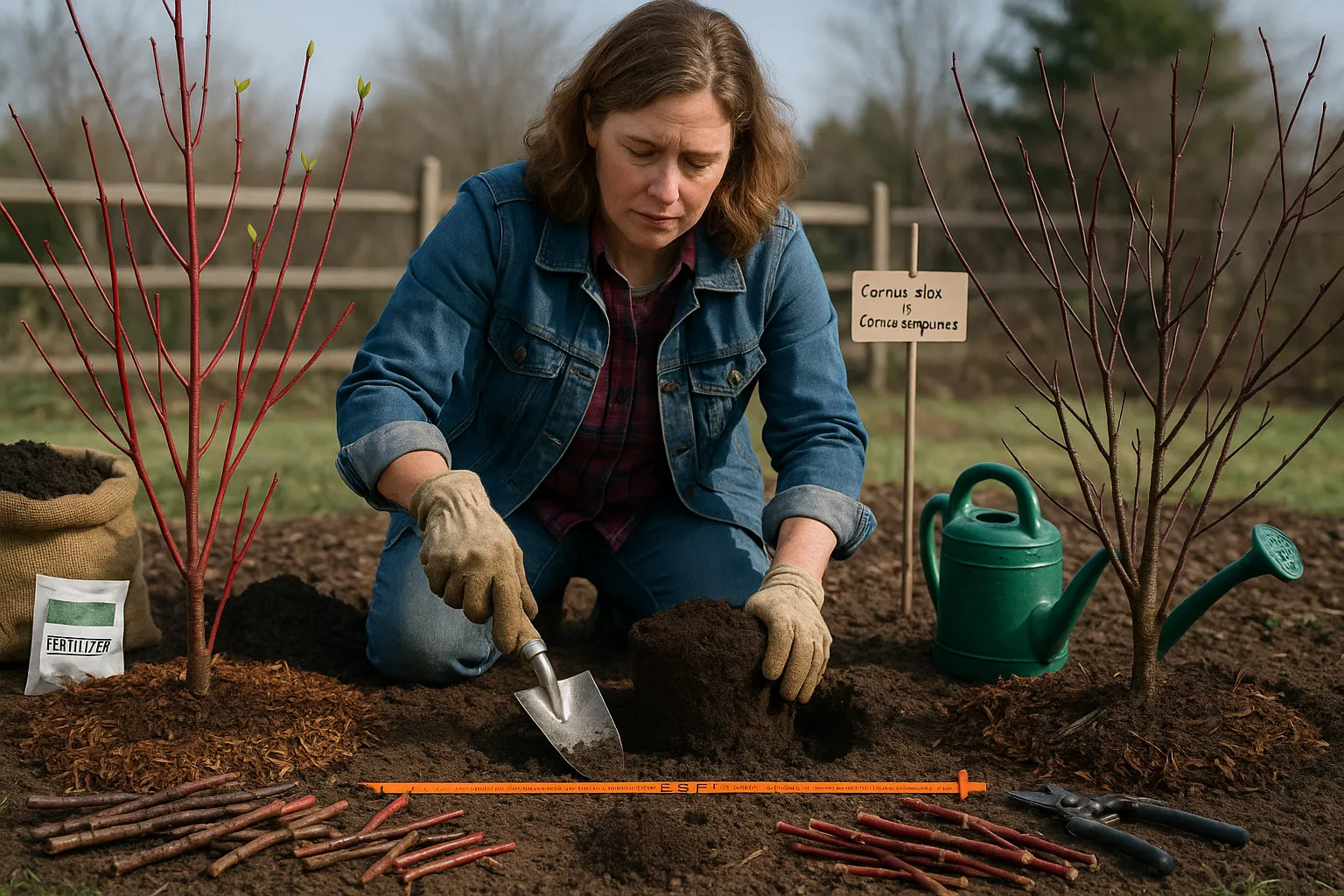 Gardener planting and pruning two dogwood shrubs with contrasting red stems.