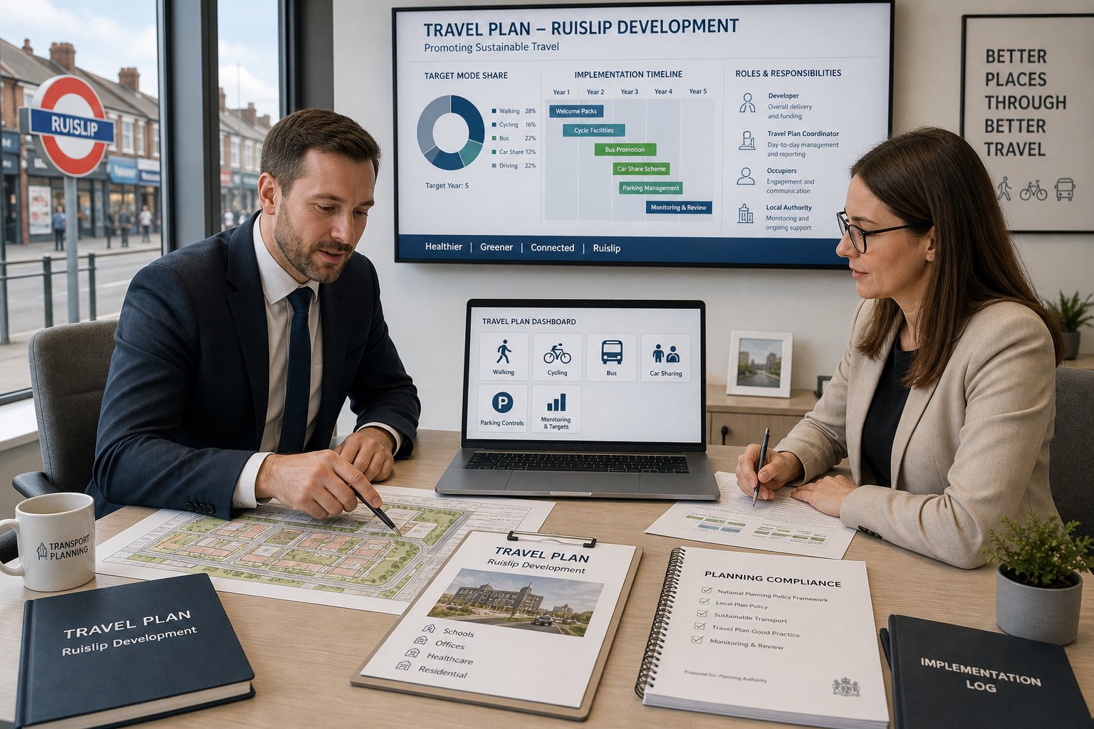 Traffic engineer reviewing a travel plan in a modern UK office.