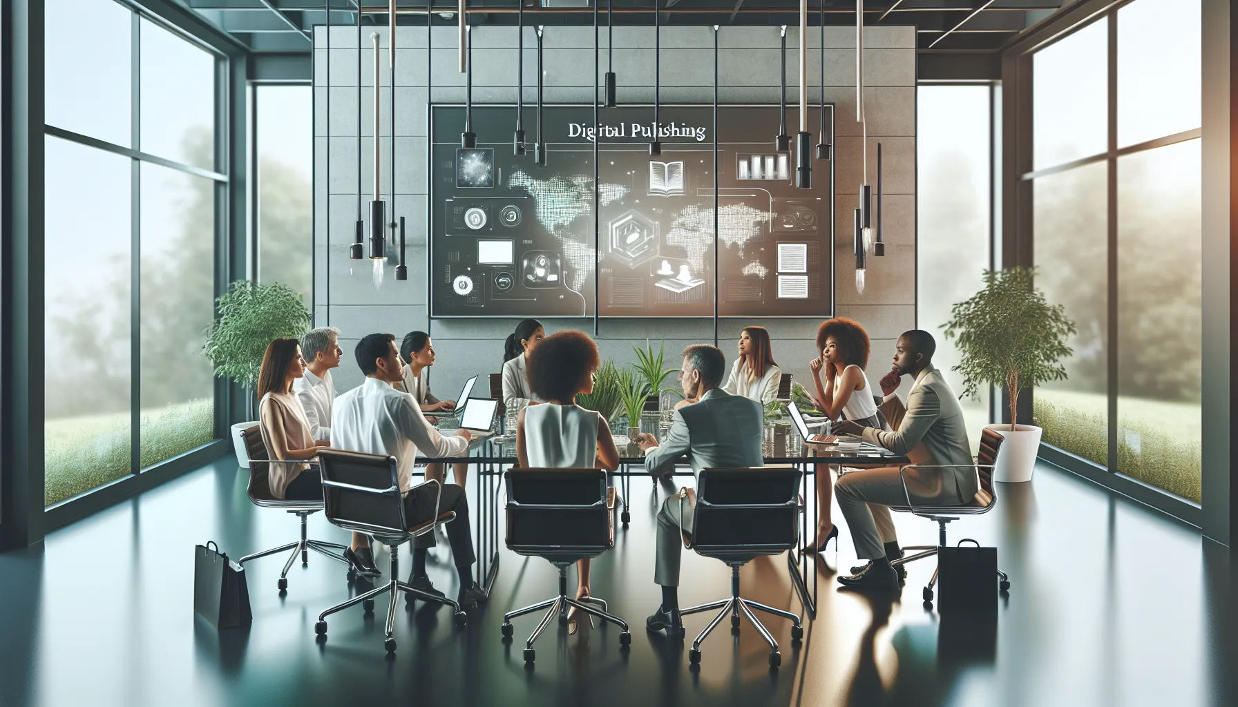 diverse team collaborating in a sustainable digital publishing office.