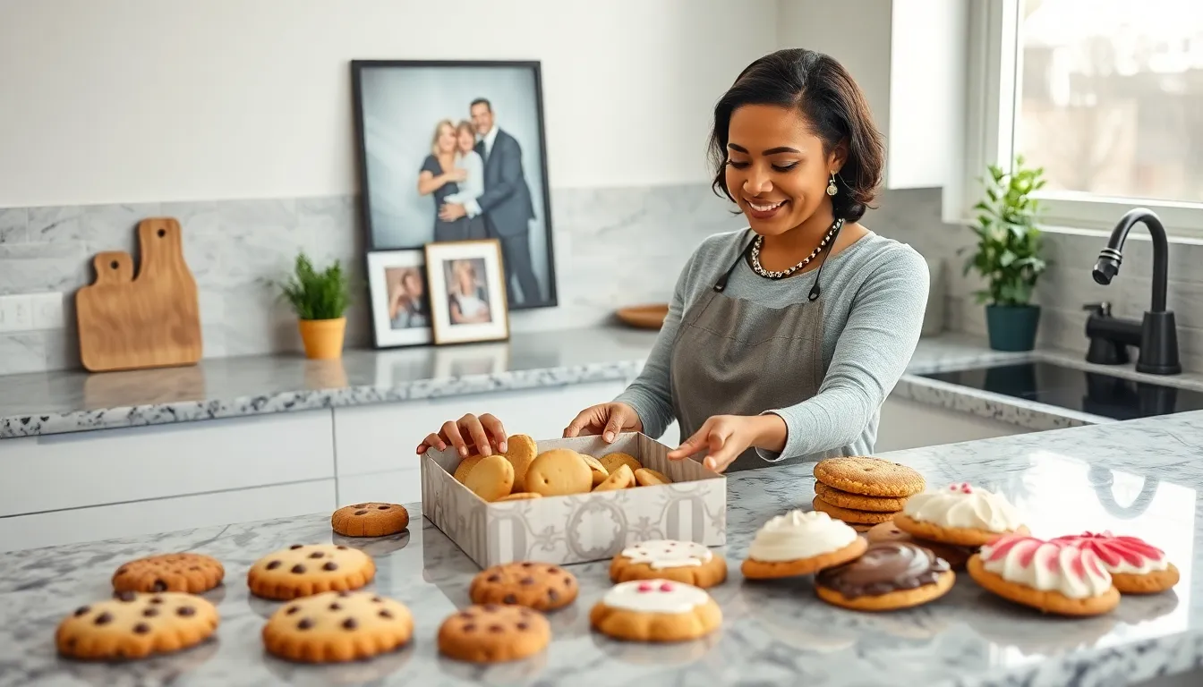 baker in a bright kitchen with freshly baked cookies.