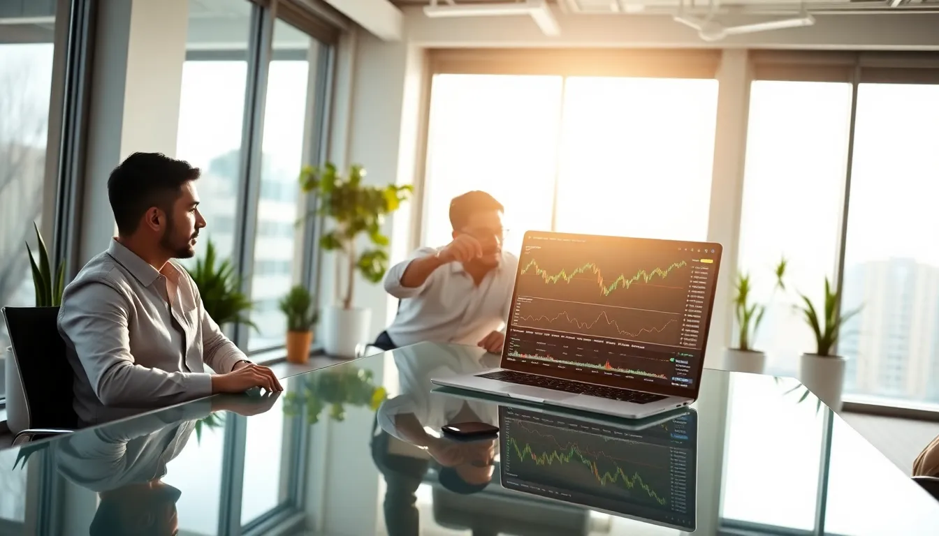 diverse professionals discussing cryptocurrency trading in a modern office.