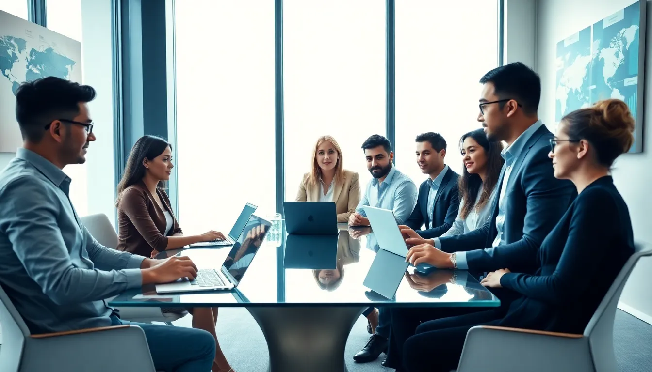 diverse team collaborating in a modern office on digital marketing strategies.