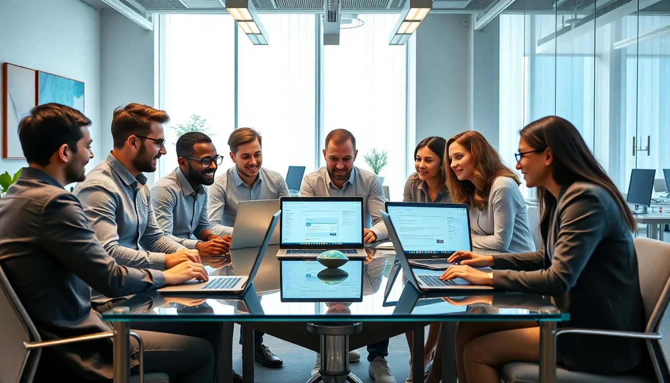 diverse professionals collaborating on Hslmail5 in a modern office.