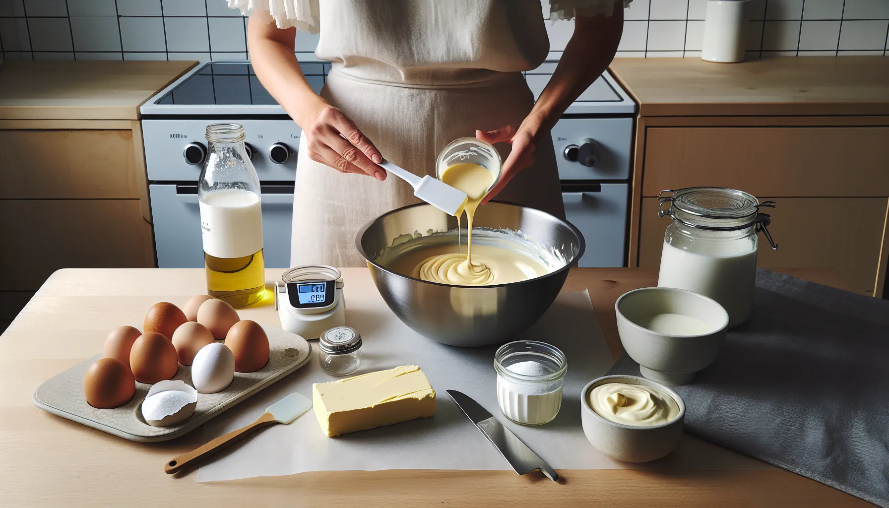 Hand folding glossy cake batter with room-temperature ingredients on a nordic counter.