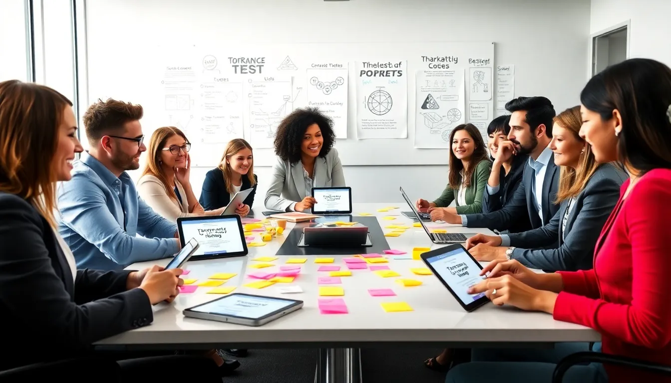 diverse team brainstorming ideas in a modern office setting.