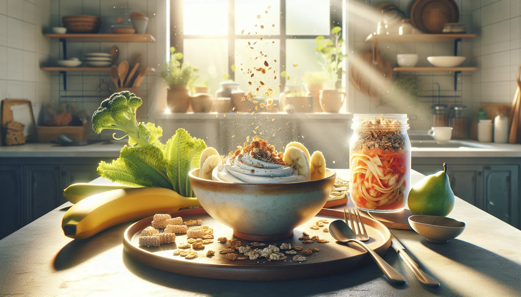 A breakfast table featuring yogurt with banana and granola, accompanied by kimchi and pasta.
