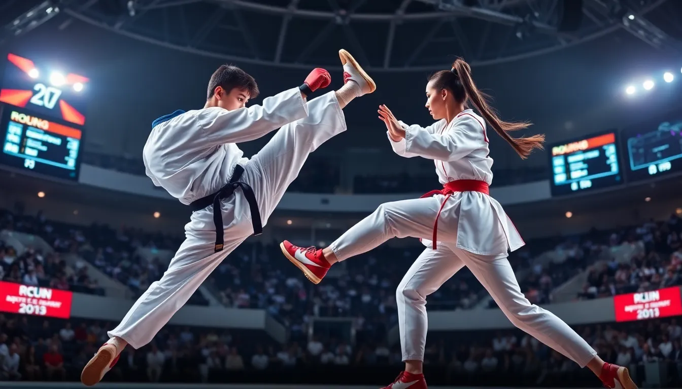 Taekwondo athletes competing in a modern arena during a bout.