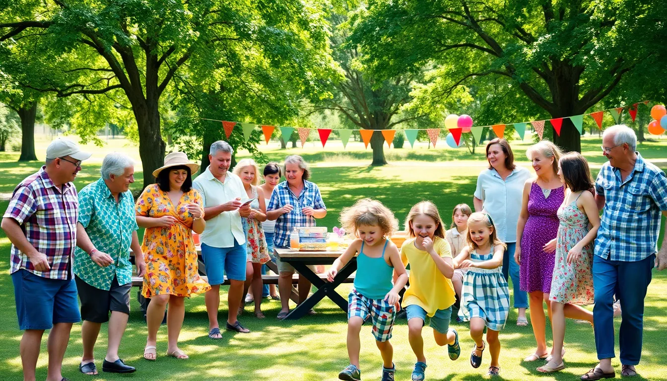 family enjoying a reunion in a sunny park setting.