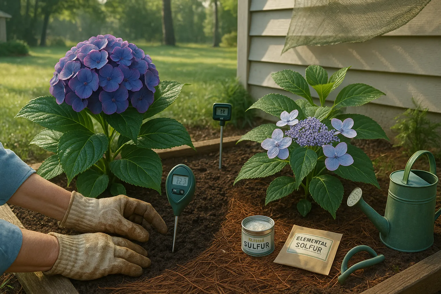 Two hydrangeas—mophead and lacecap—being tested and mulched by a gardener.