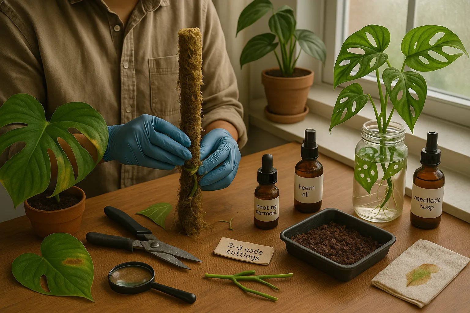 Hands air-layering a Monstera deliciosa while adansonii cuttings root in water.