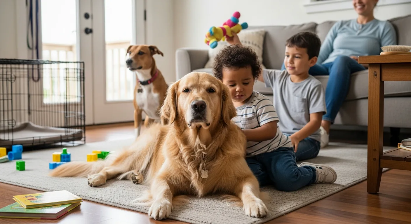 Golden Retriever calmly cuddling with young children in a warm American family living room.